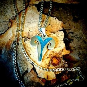 Turquoise and Silver Rams Head Pendant Necklace